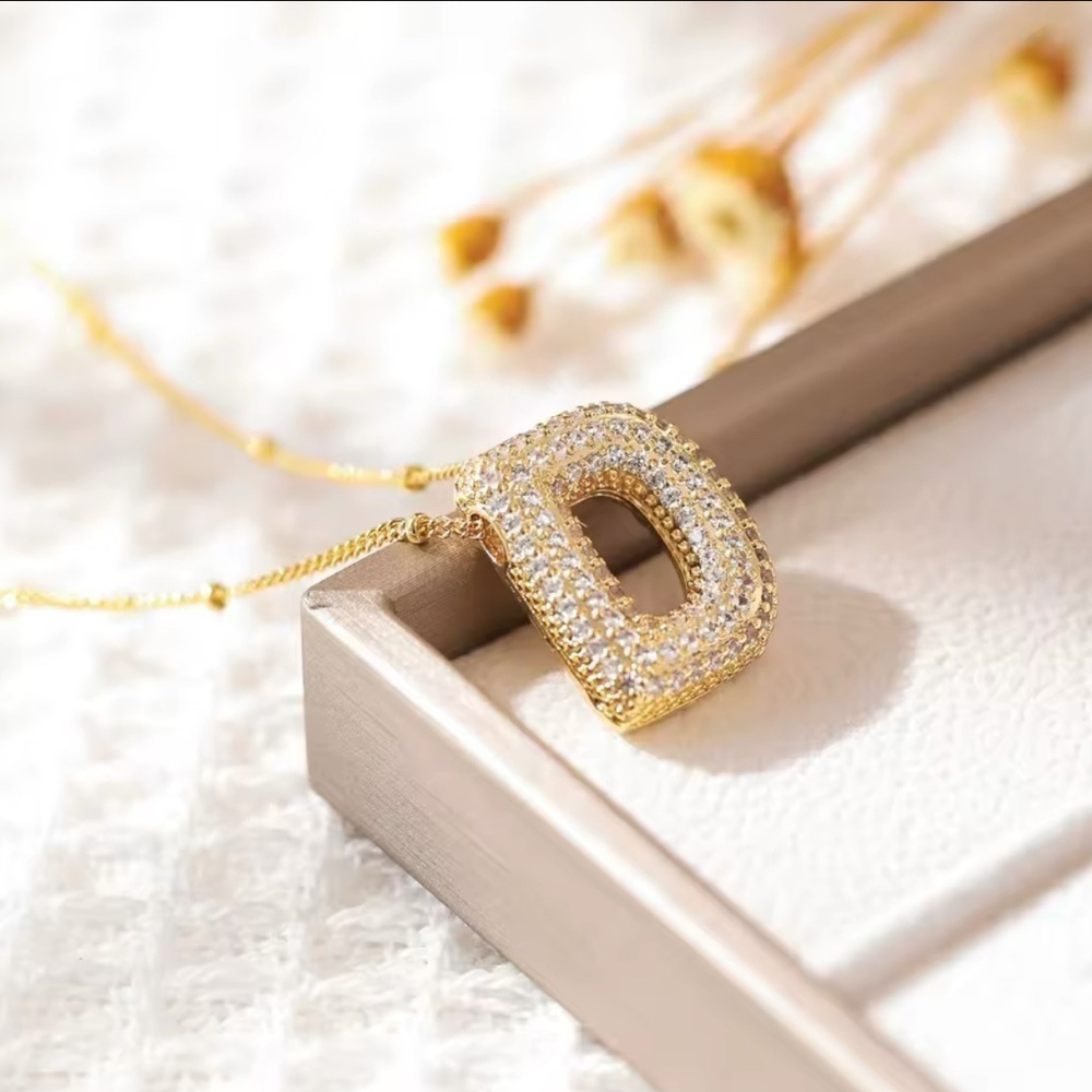 18K Gold Bubble Letter D Initial Pave Diamond Inlay Monogram Pendant Necklace